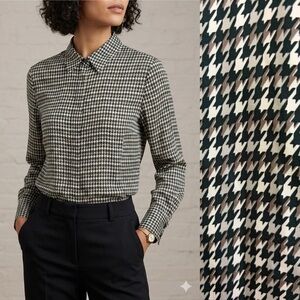 THEORY Houndstooth Button Up Blouse Deep Green White Grey Classic Minimalist